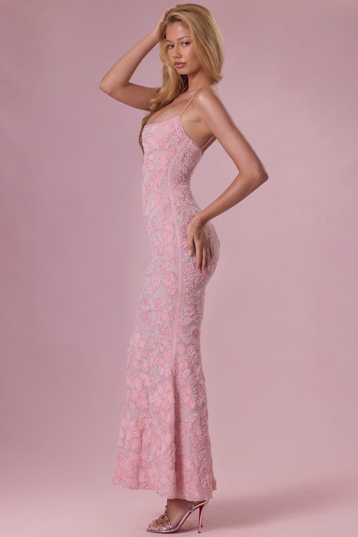 Chic Embellished Square Neck Maxi Dress in Blush