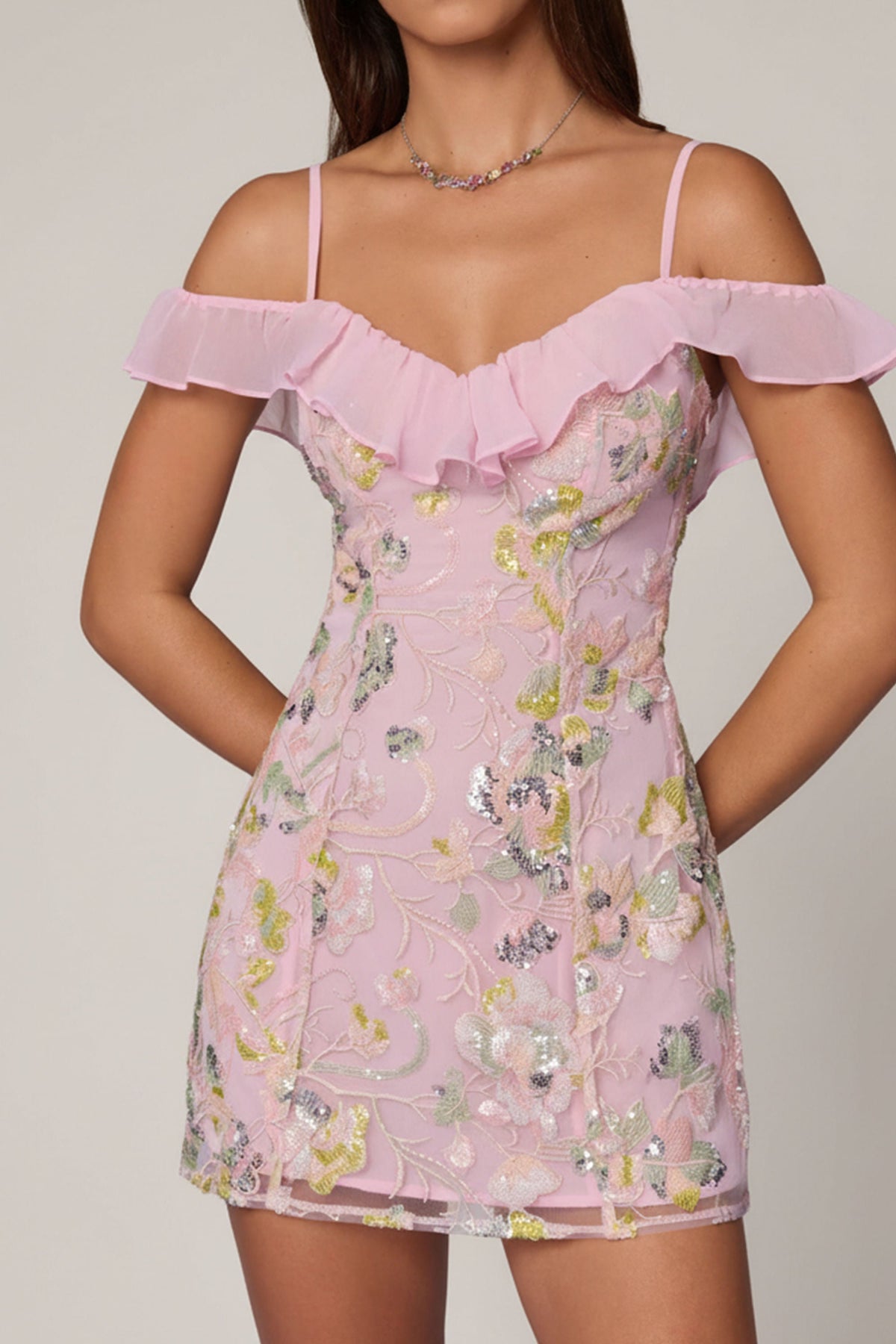 Chic Embellished Lace-Up A-Line Mini Dress in Soft Pink
