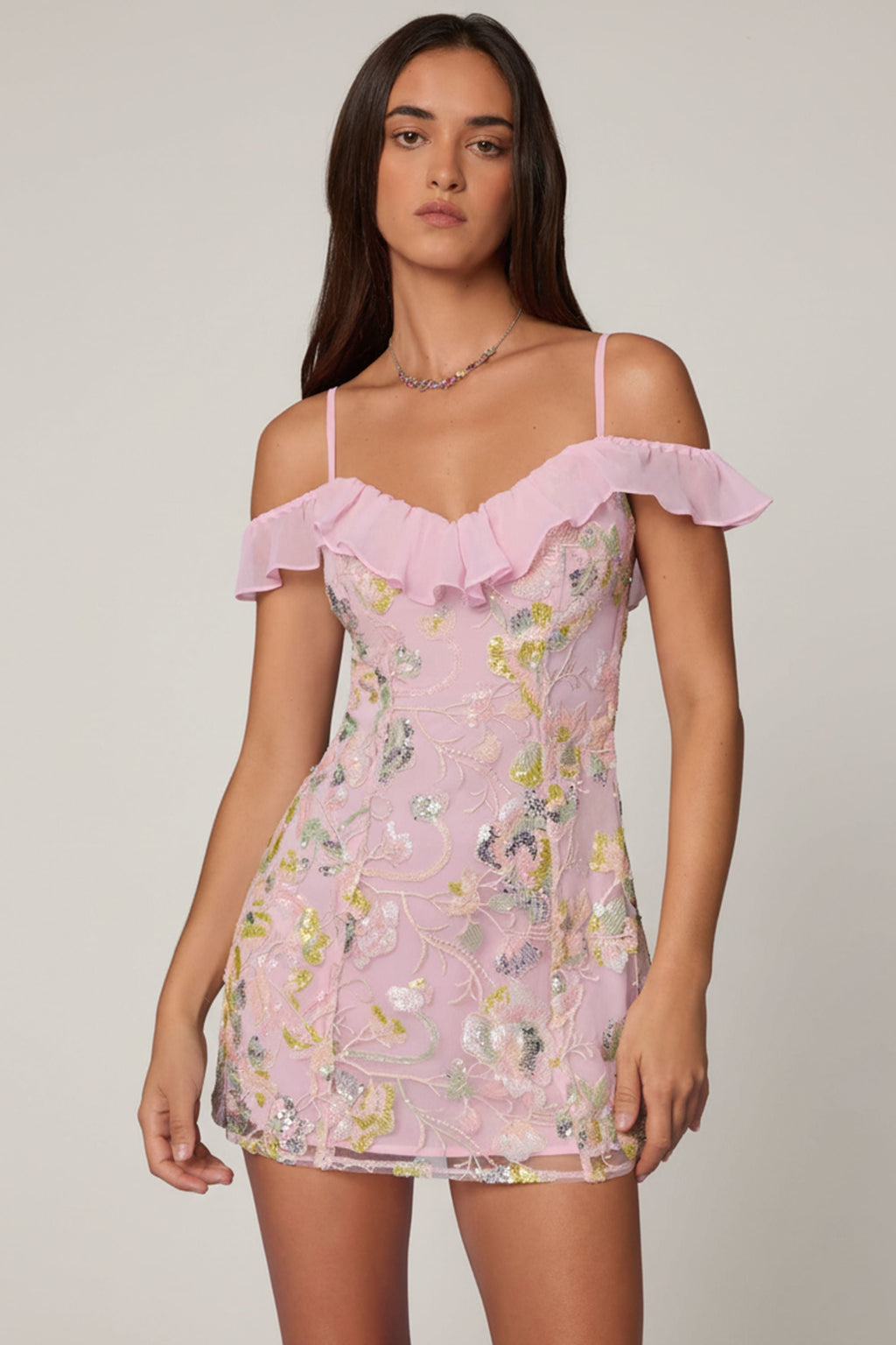 Chic Embellished Lace-Up A-Line Mini Dress in Soft Pink