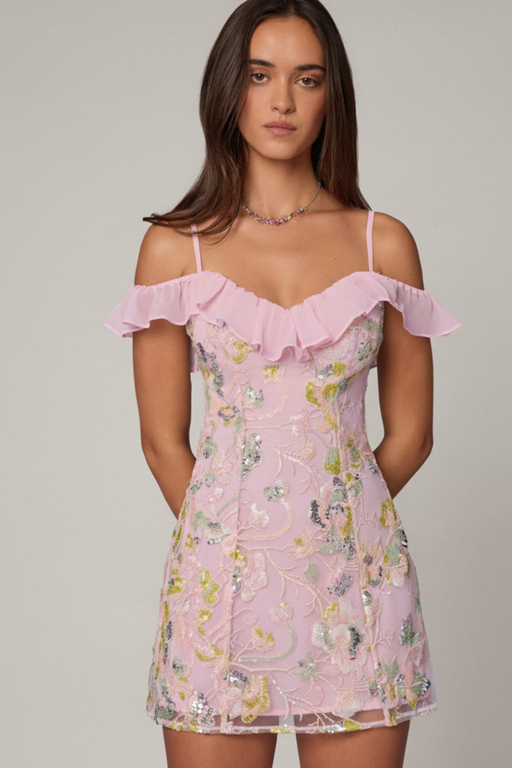 Chic Embellished Lace-Up A-Line Mini Dress in Soft Pink