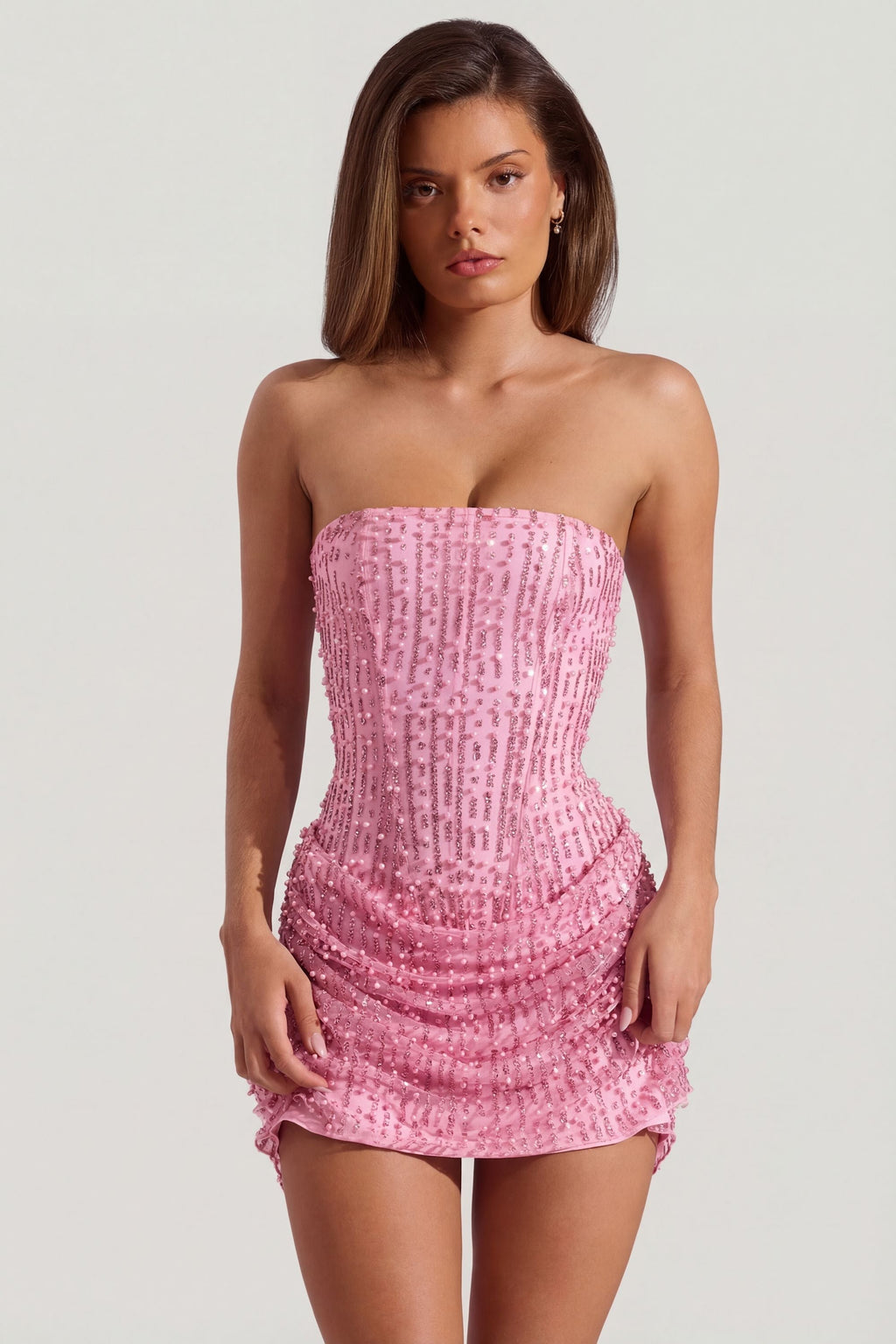Chic Embellished Draped Strapless A-Line Mini Dress in Pink