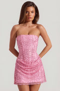 Chic Embellished Draped Strapless A-Line Mini Dress in Pink