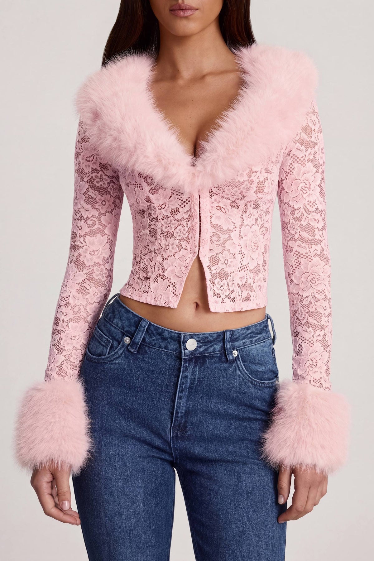 Chic Sheer Lace Faux-Fur-Trim Cardigan in Pink