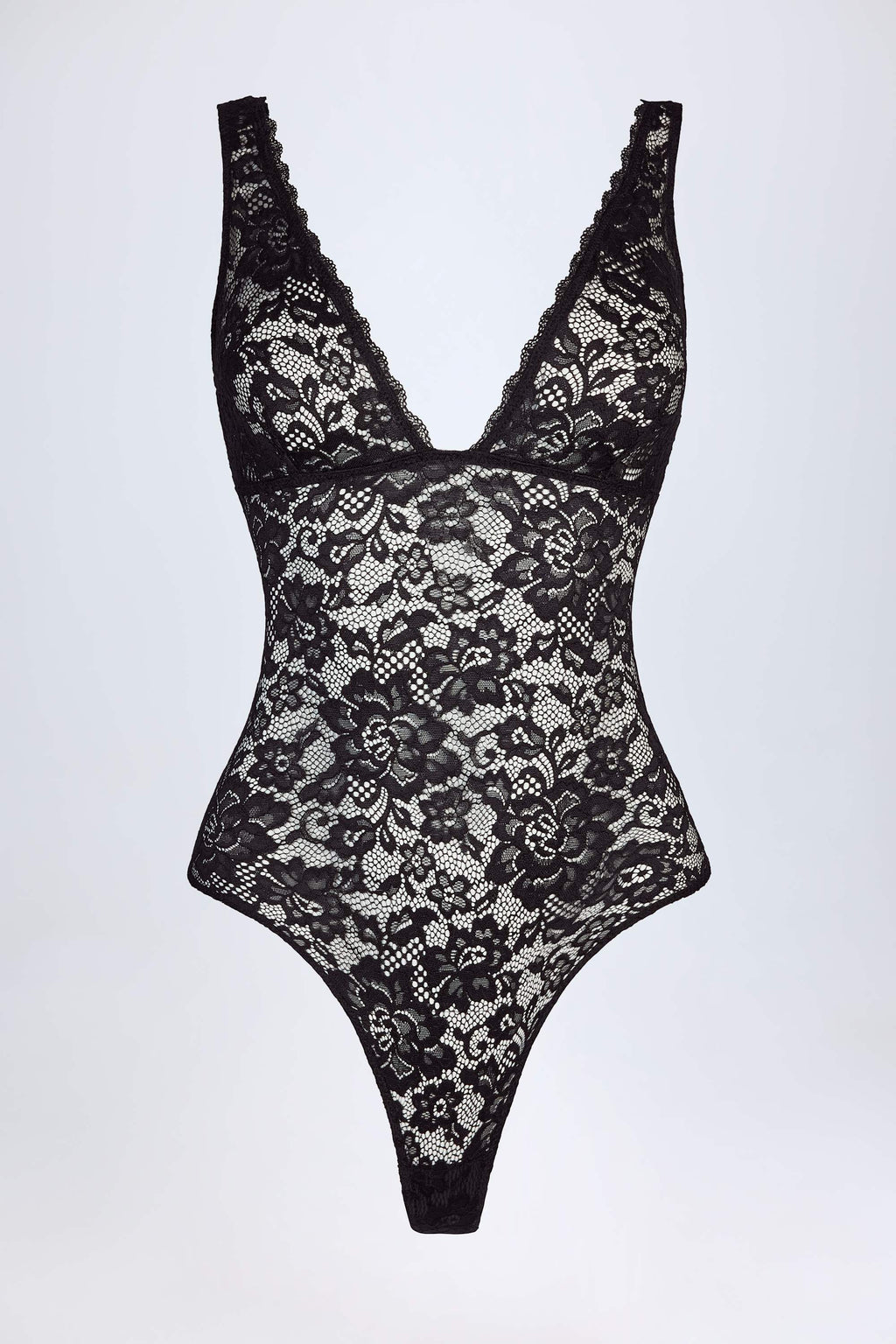 Chic Sheer Lace Scalloped Plunge-Neck Bodysuit in Black