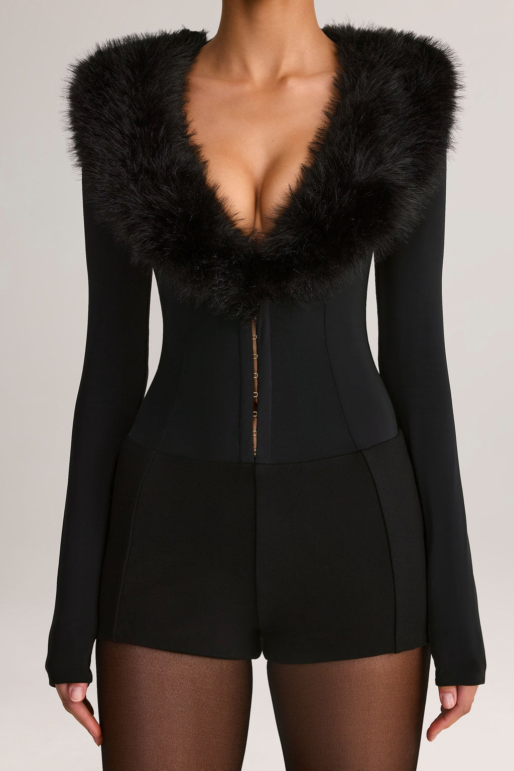 Chic Faux Fur-Trim Corset Playsuit in Black