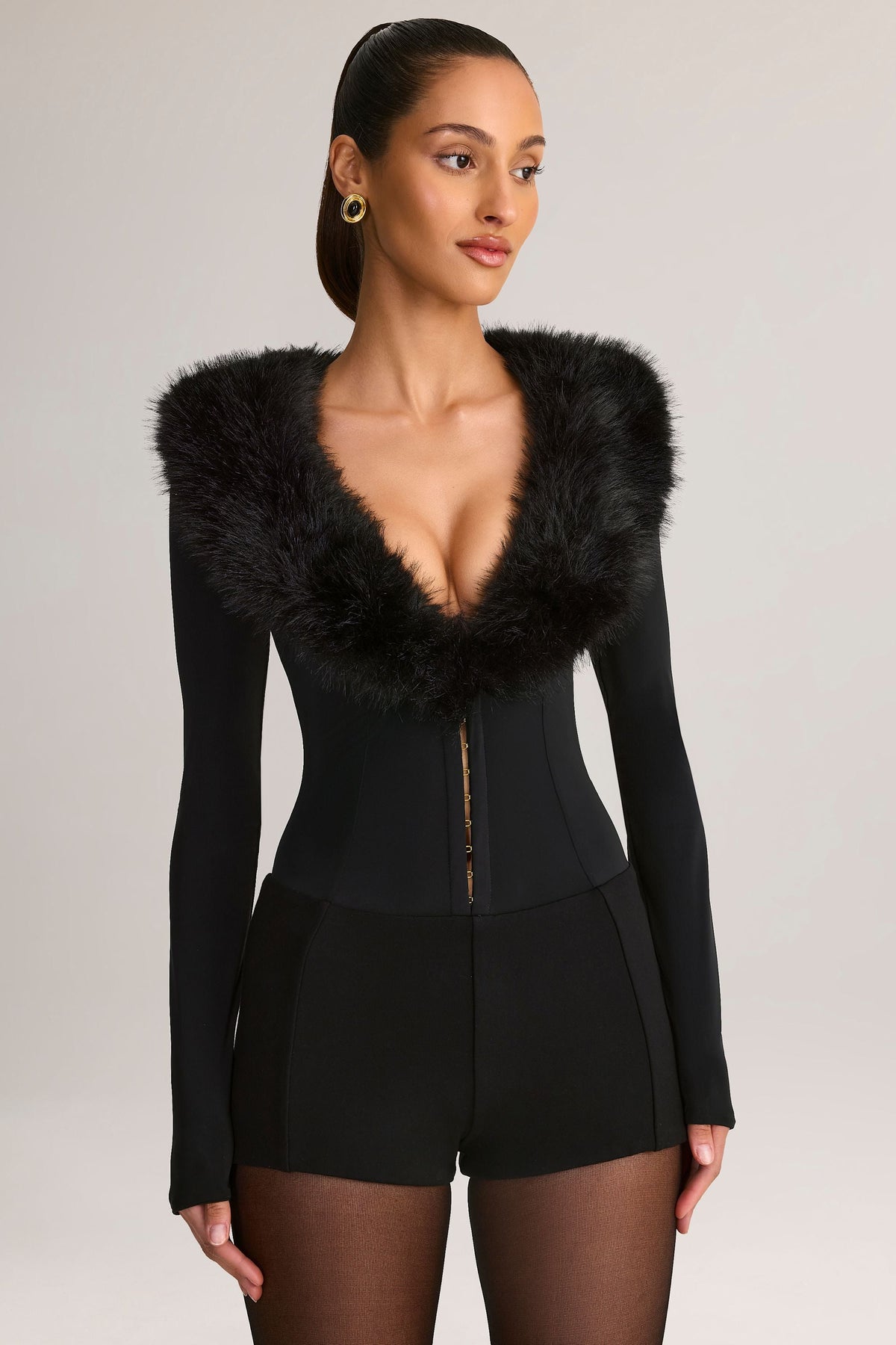 Chic Faux Fur-Trim Corset Playsuit in Black