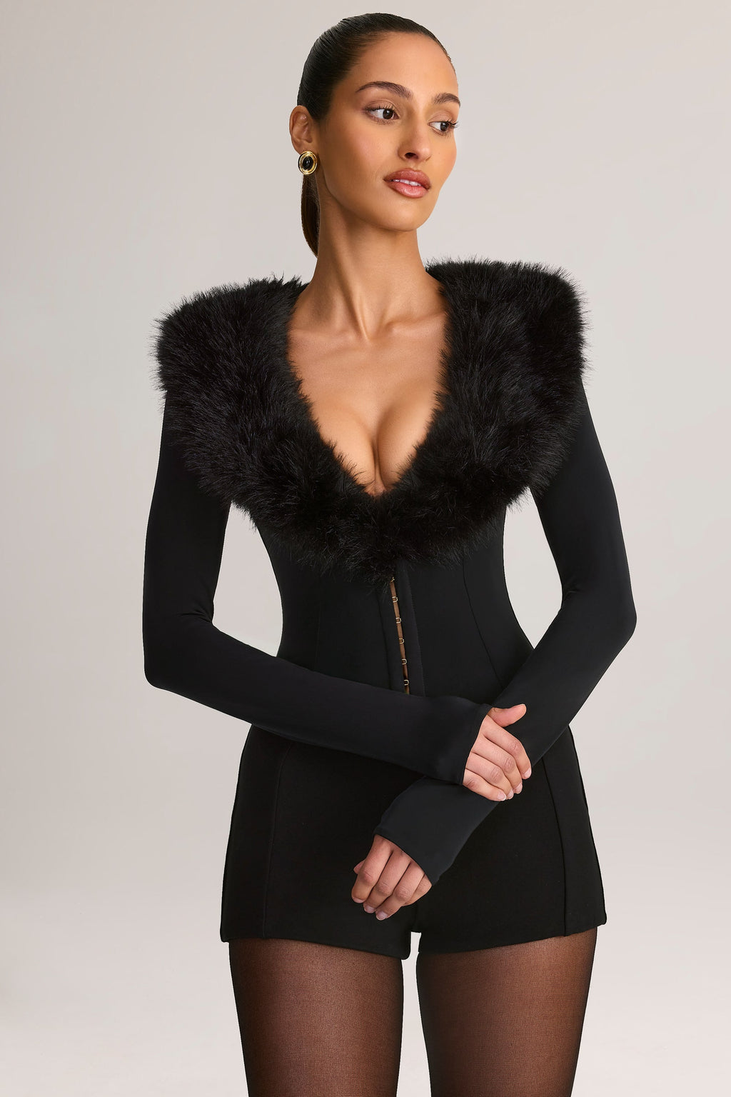 Chic Faux Fur-Trim Corset Playsuit in Black