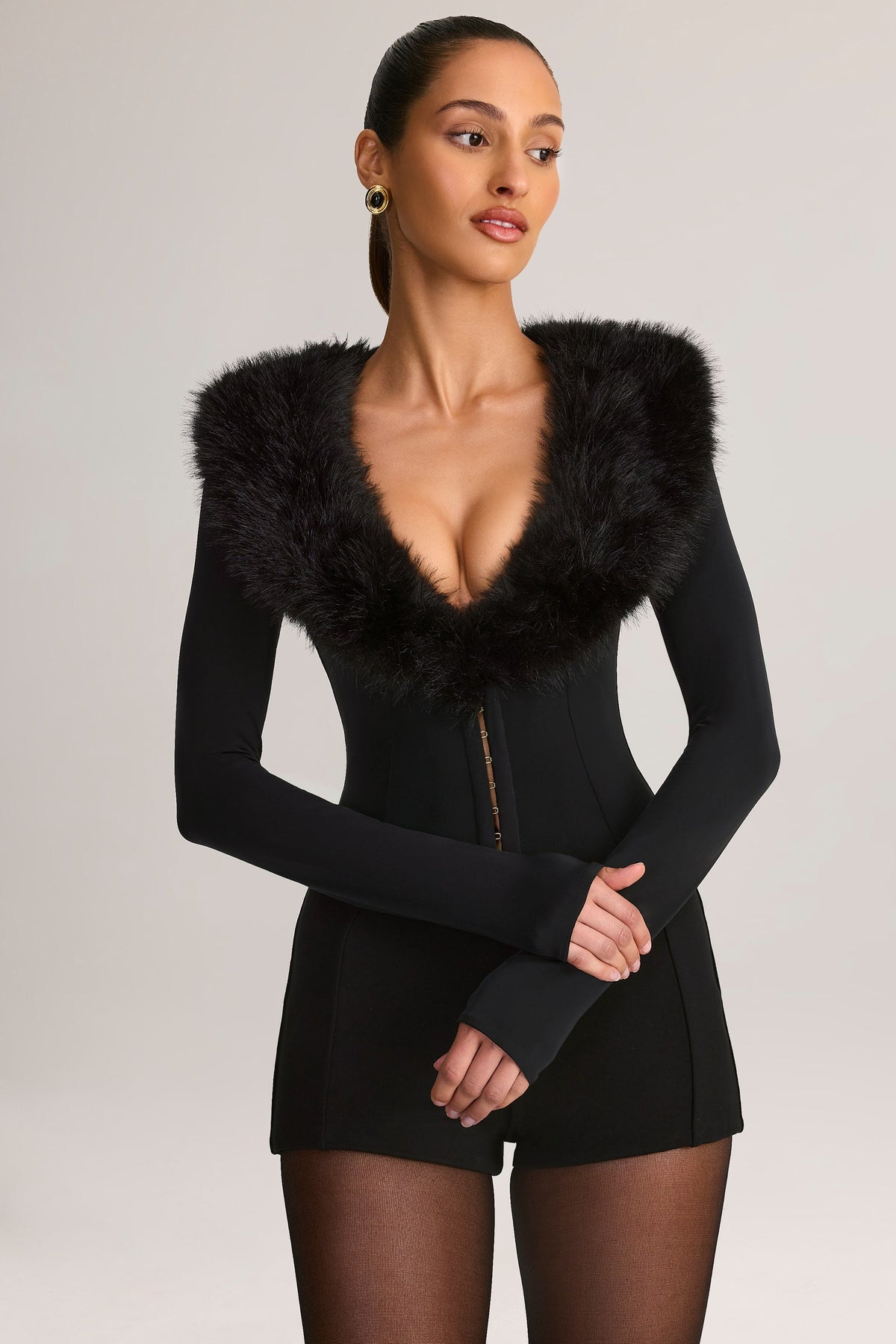 Chic Faux Fur-Trim Corset Playsuit in Black