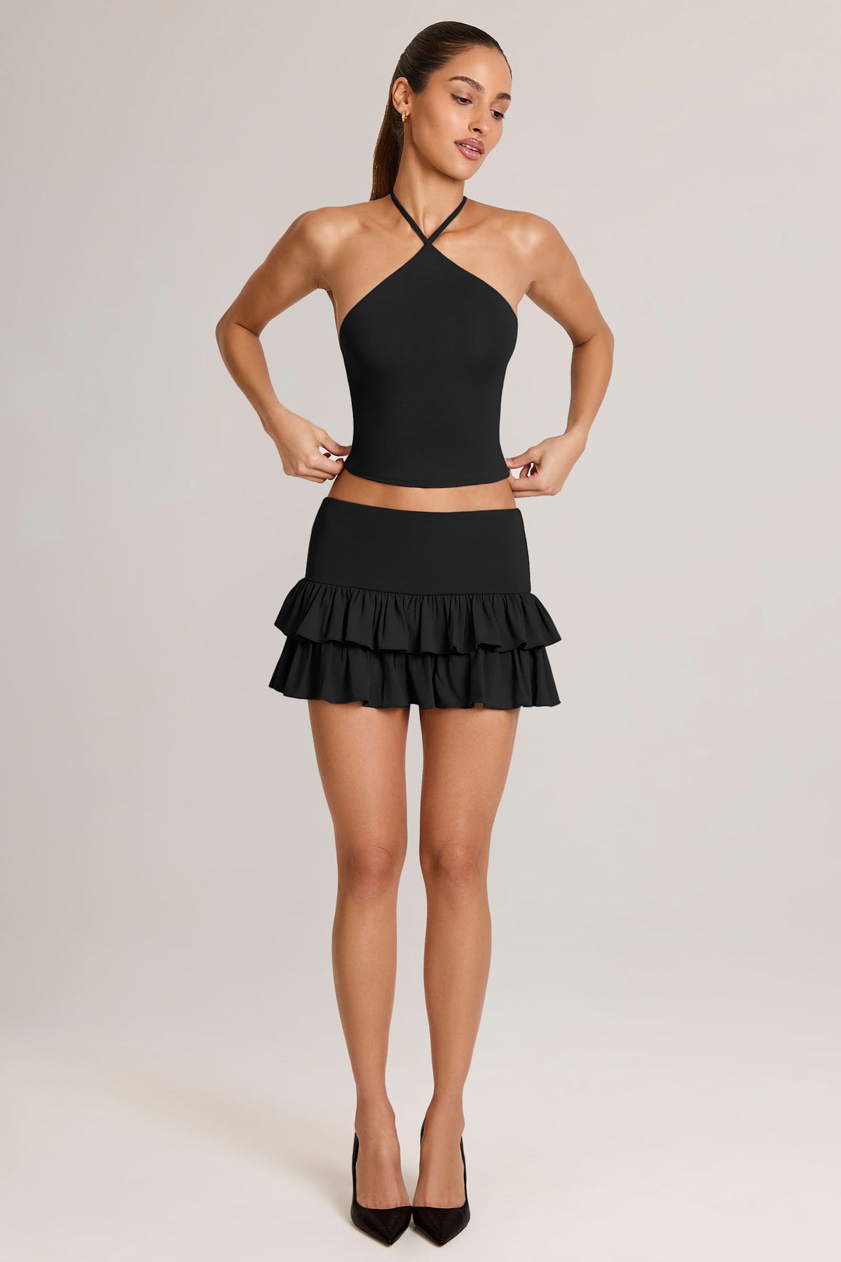 Chic Modal Ruffle Mid-Rise Mini Skort in Black