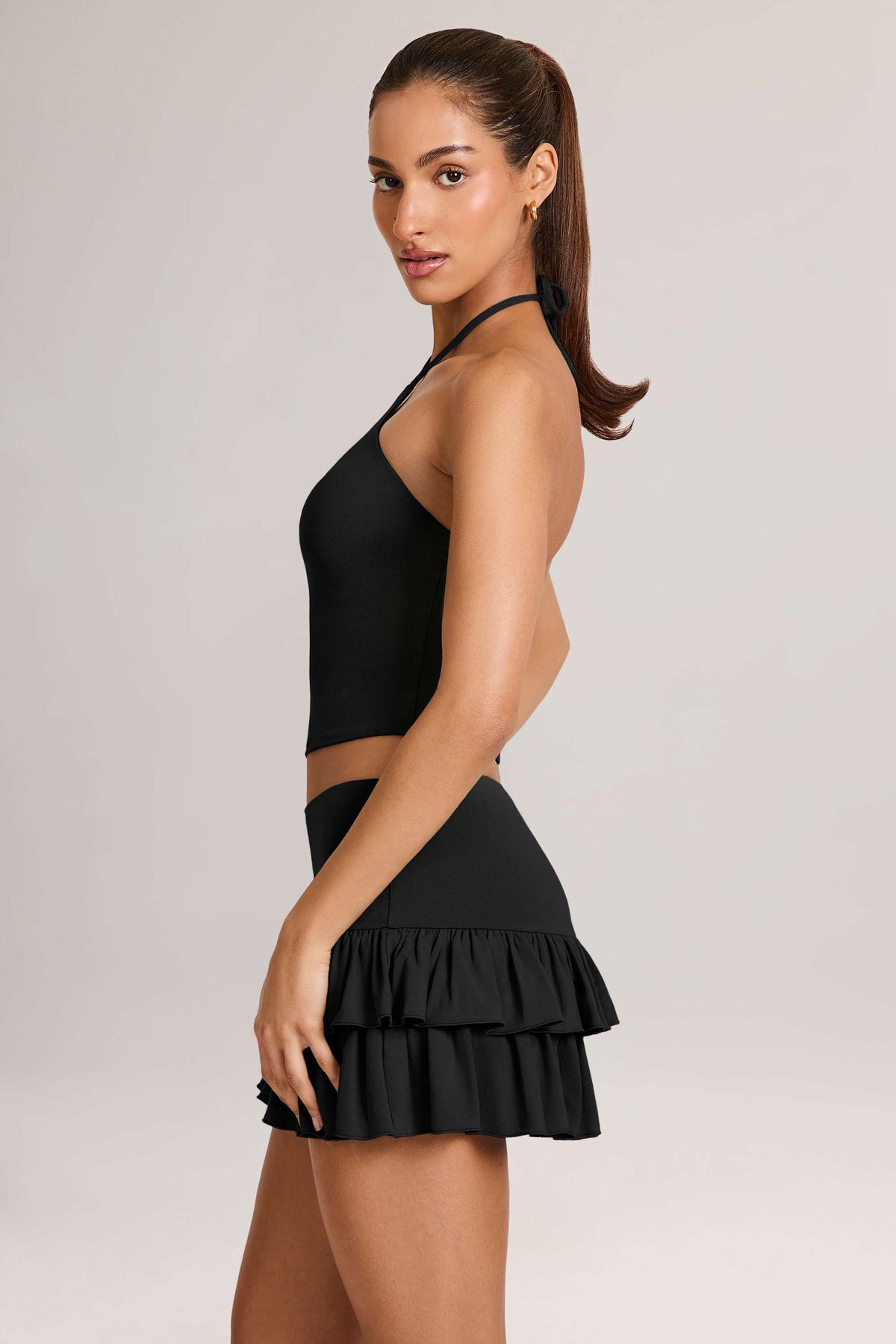 Chic Modal Ruffle Mid-Rise Mini Skort in Black