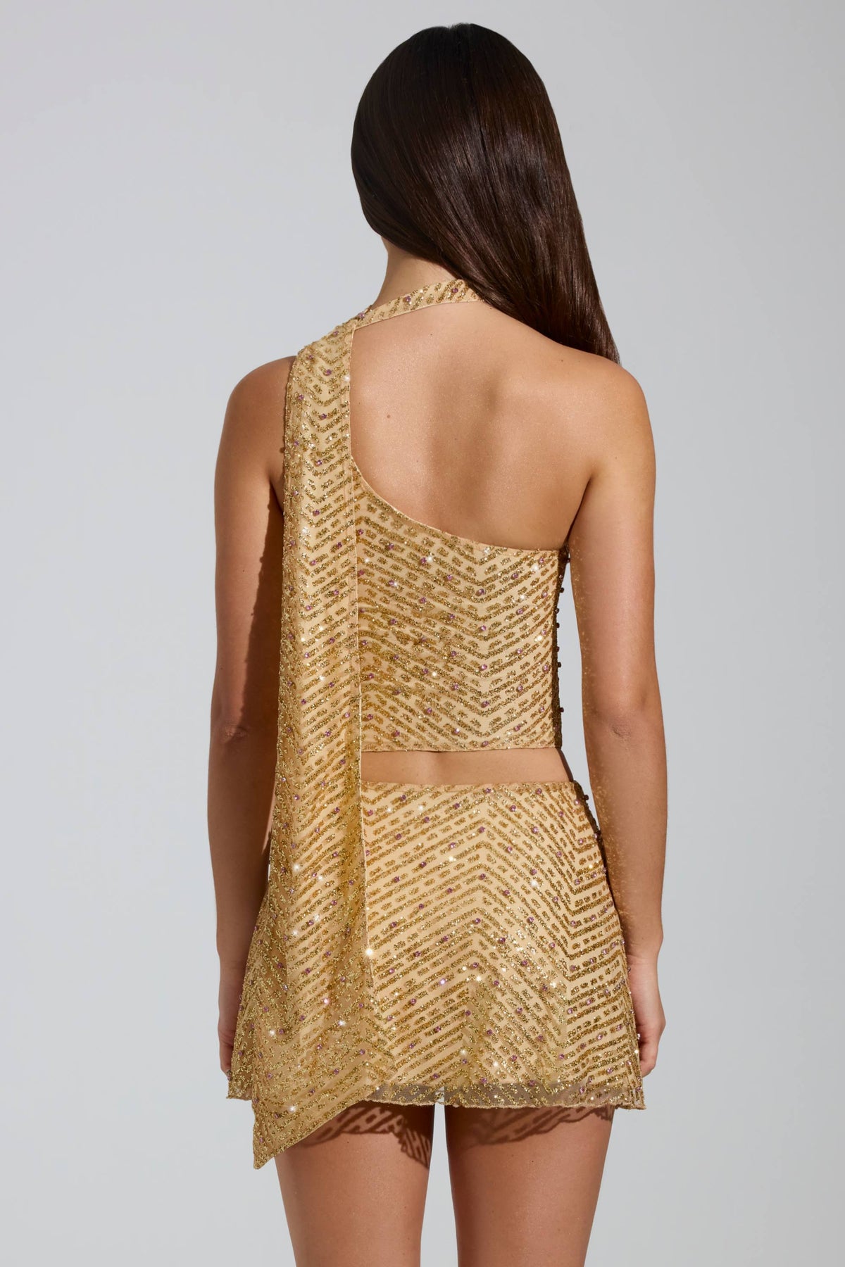 Chic Embellished Asymmetric Scarf-Detail Top in Gold