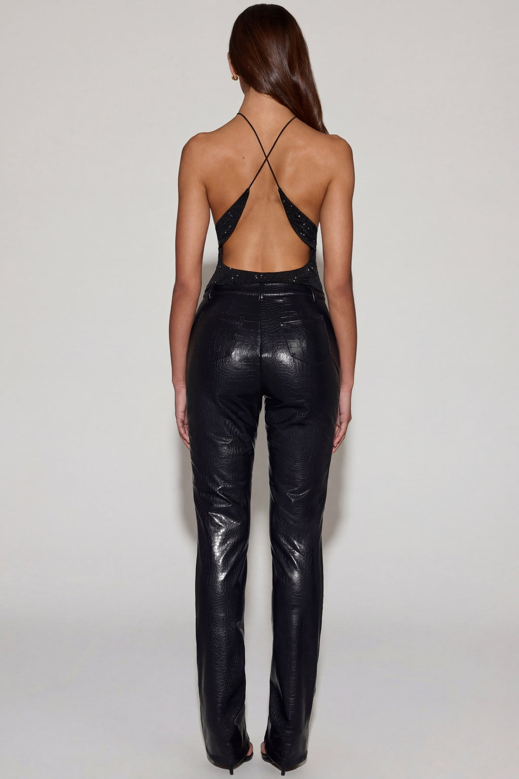 Chic Faux Croc-Leather Straight-Leg Trousers in Black