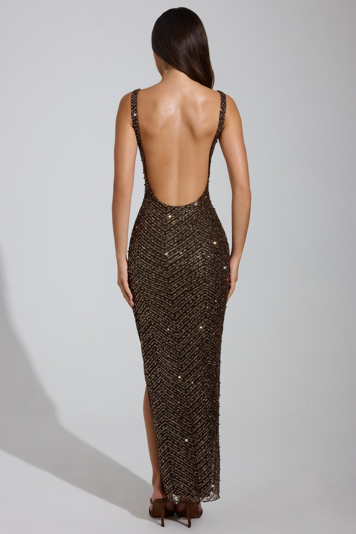 Chic Embellished Scoop-Neck Thigh-Split Maxi Dress in Brown