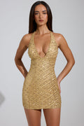 Chic Embellished Halterneck Mini Dress in Gold