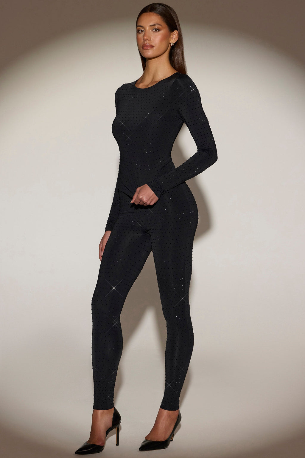 Chic Embellished Jersey High-Waisted Leggings in Black