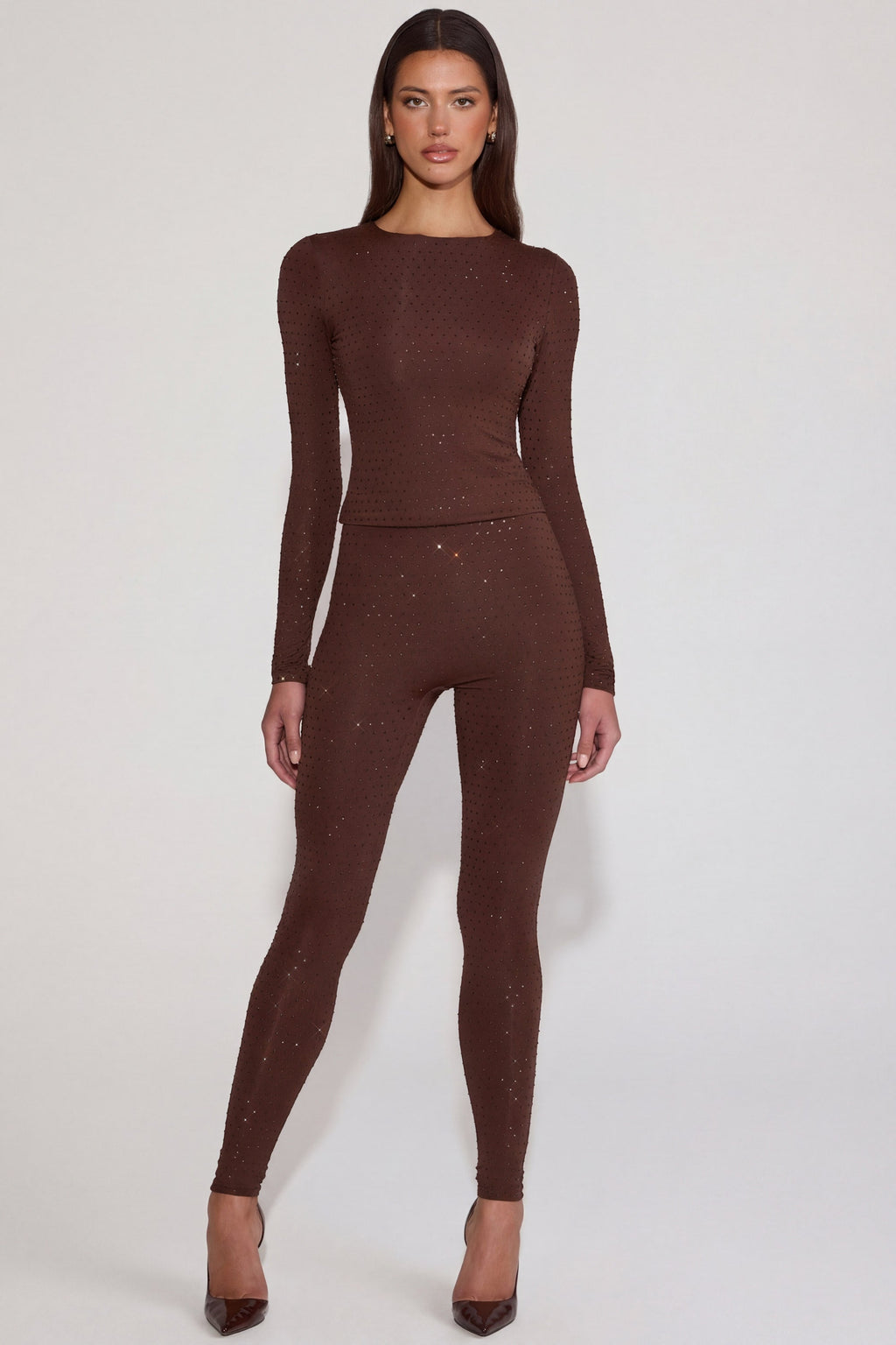 Chic Embellished Jersey High-Waisted Leggings in Chocolate Brown
