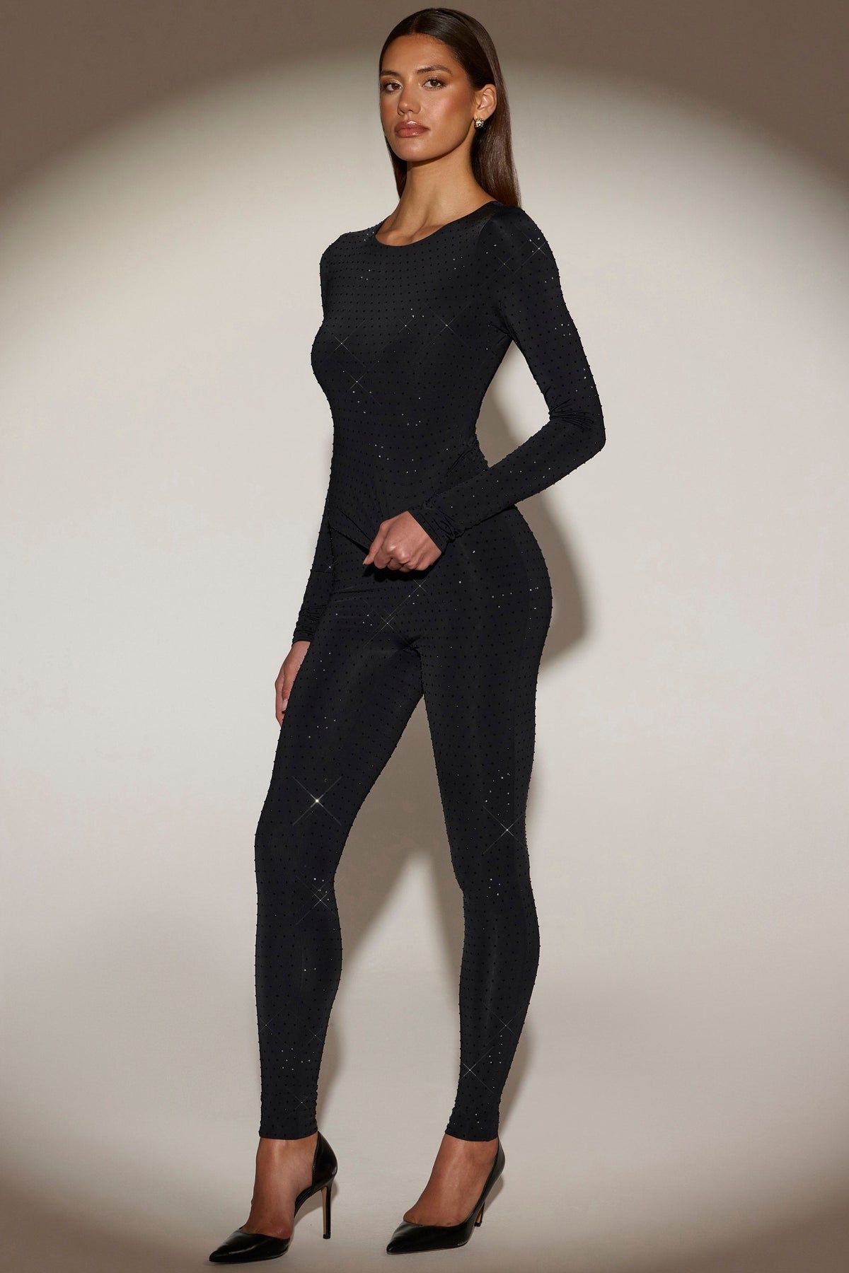 Chic Embellished Crew-Neck Long-Sleeve Top in Black