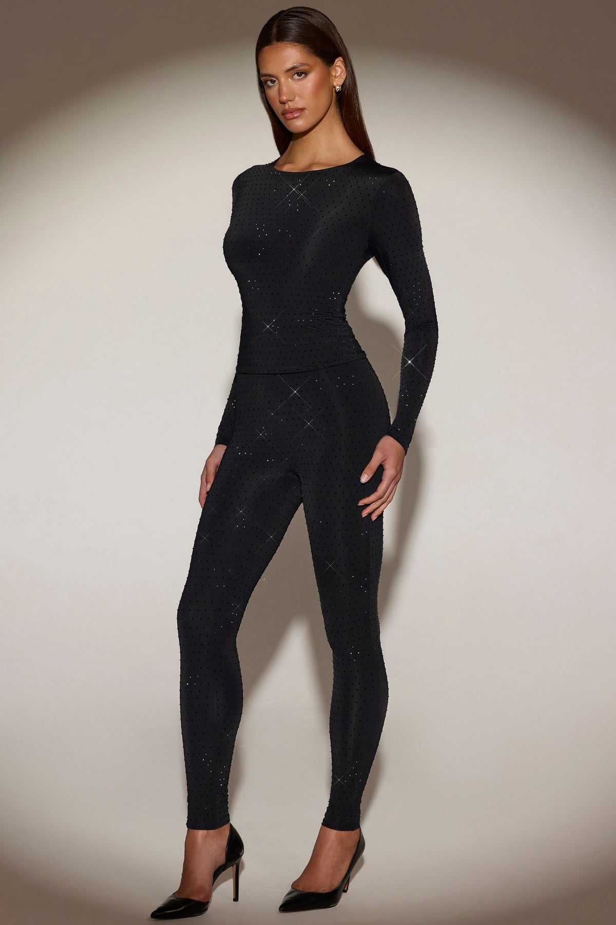 Chic Embellished Crew-Neck Long-Sleeve Top in Black