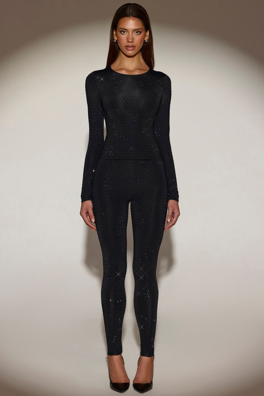 Chic Embellished Crew-Neck Long-Sleeve Top in Black