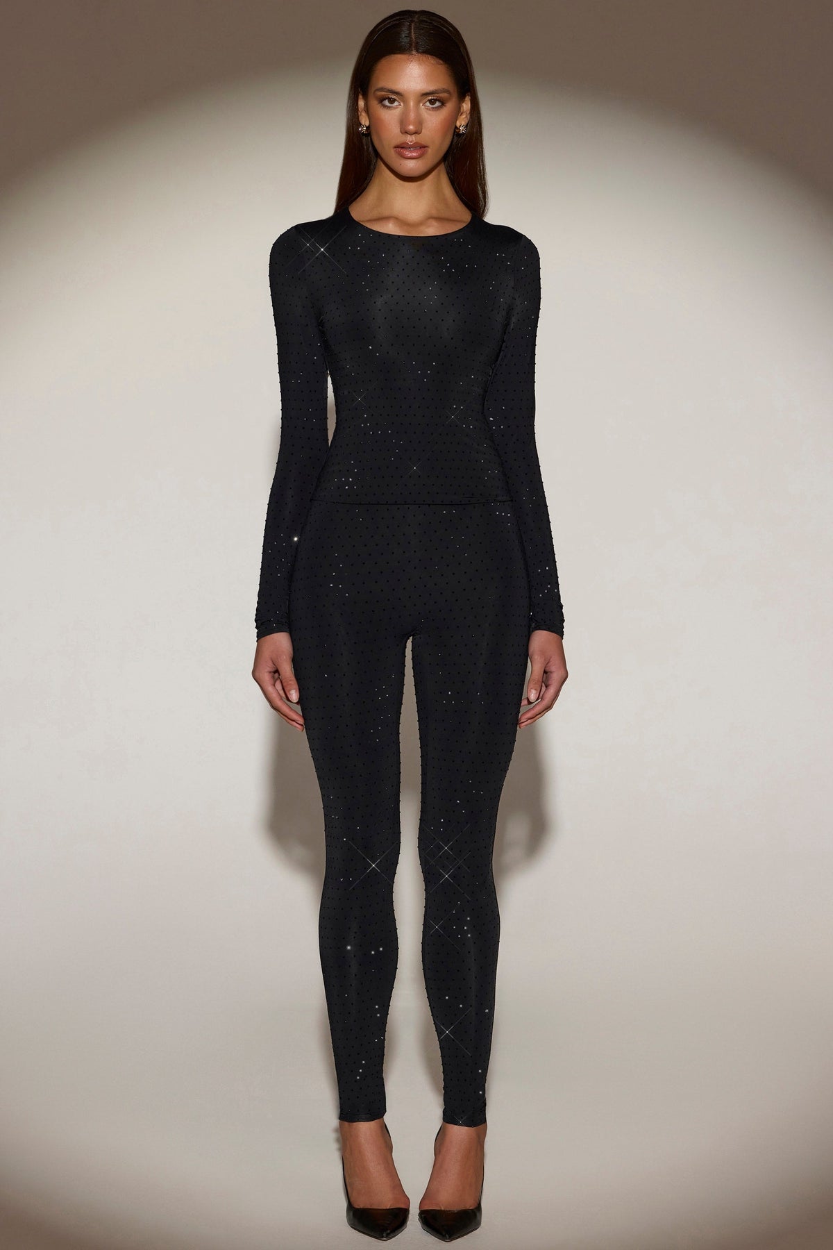 Chic Embellished Crew-Neck Long-Sleeve Top in Black