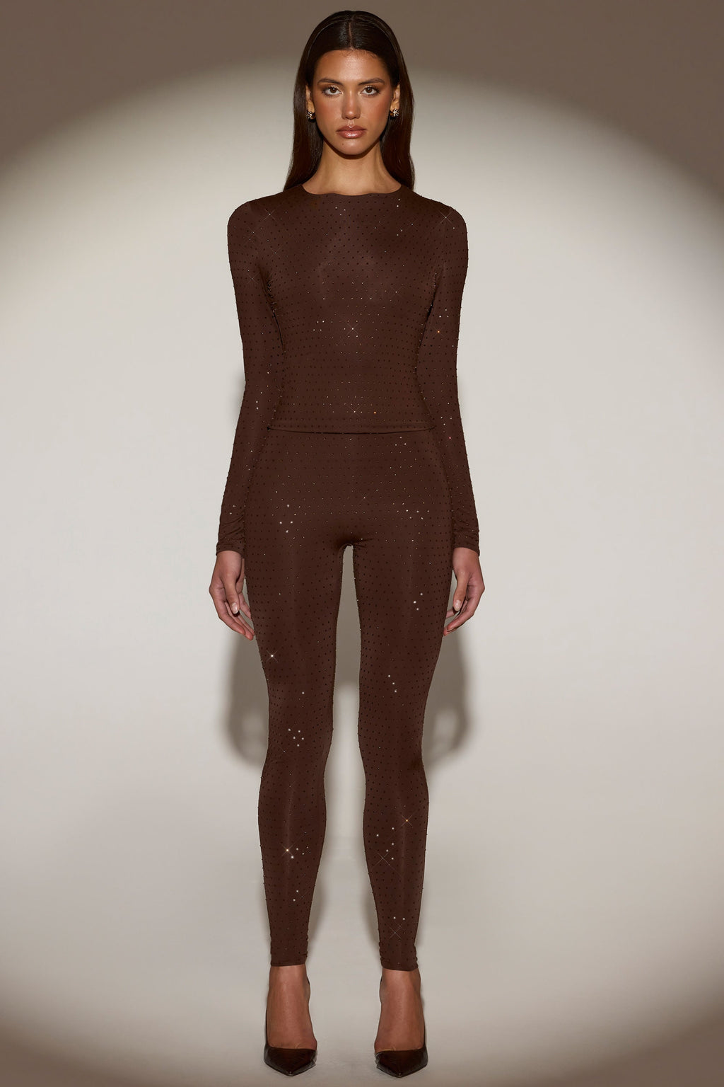 Chic Embellished Crew-Neck Long-Sleeve Top in Chocolate Brown