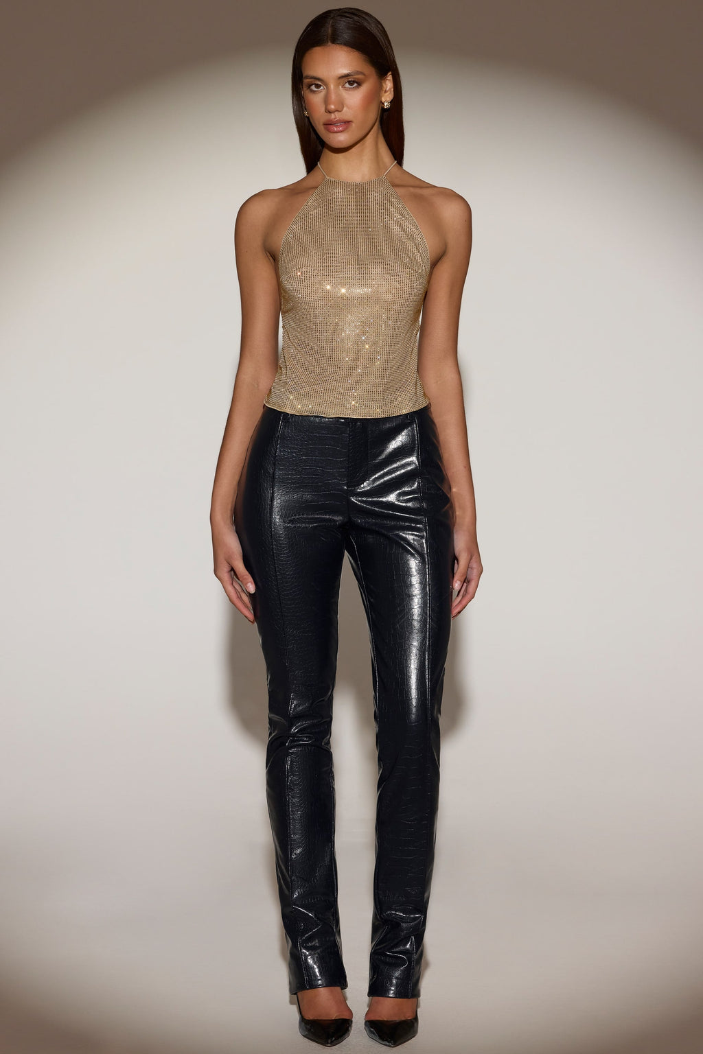 Chic Embellished Jersey Halterneck Backless Top in Gold