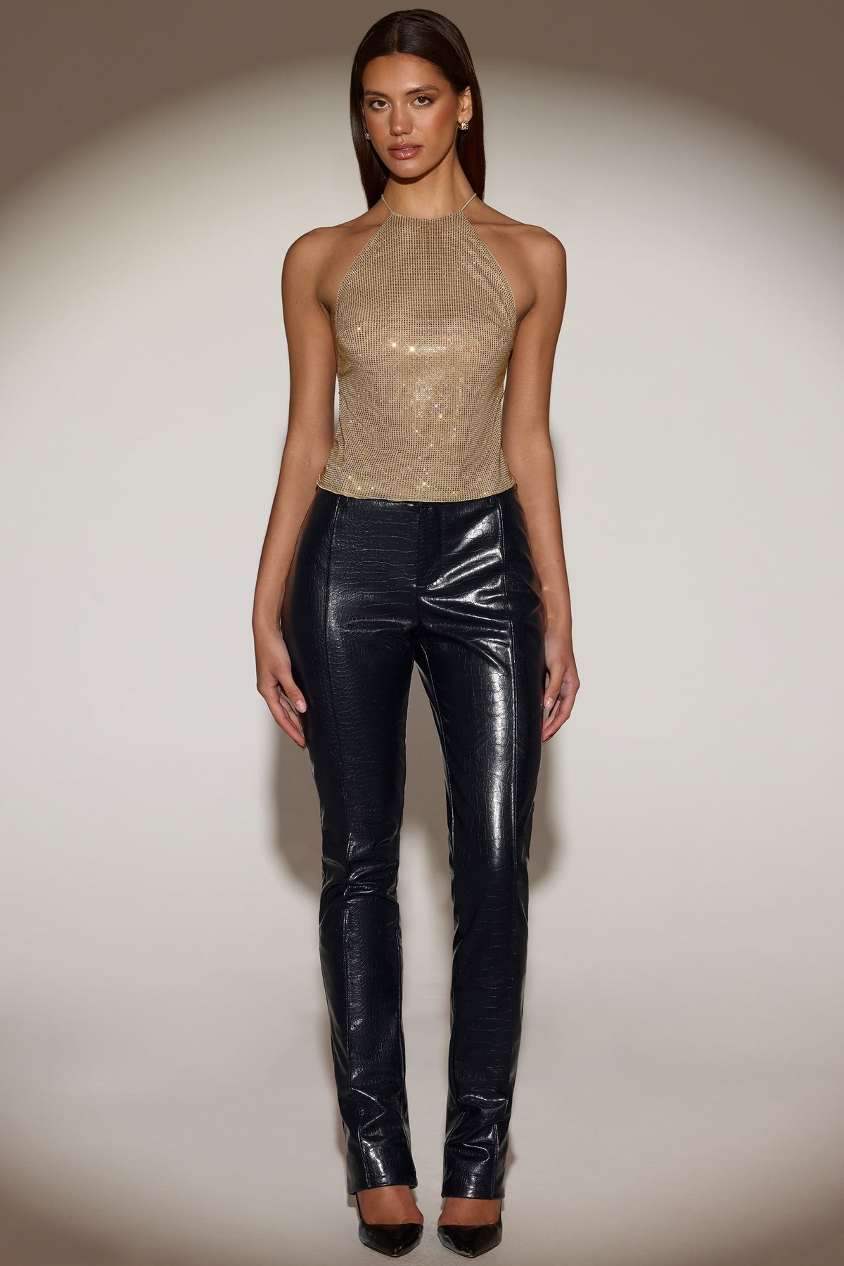Chic Embellished Jersey Halterneck Backless Top in Gold