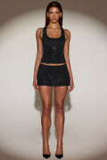 Chic Embellished Mid-Rise A-Line Mini Skirt in Black