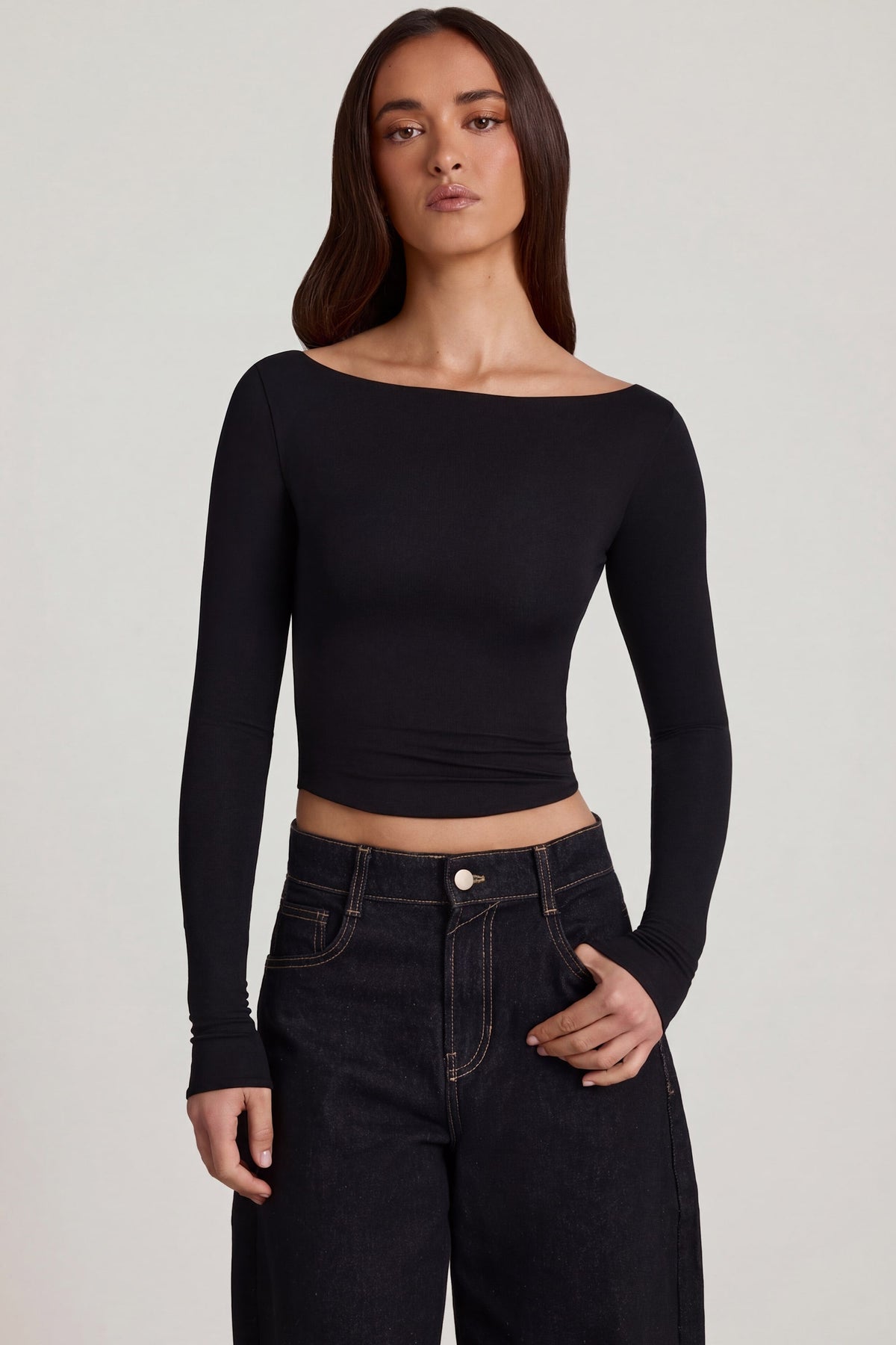 Chic Modal Boat-Neck Long-Sleeve Top in Black