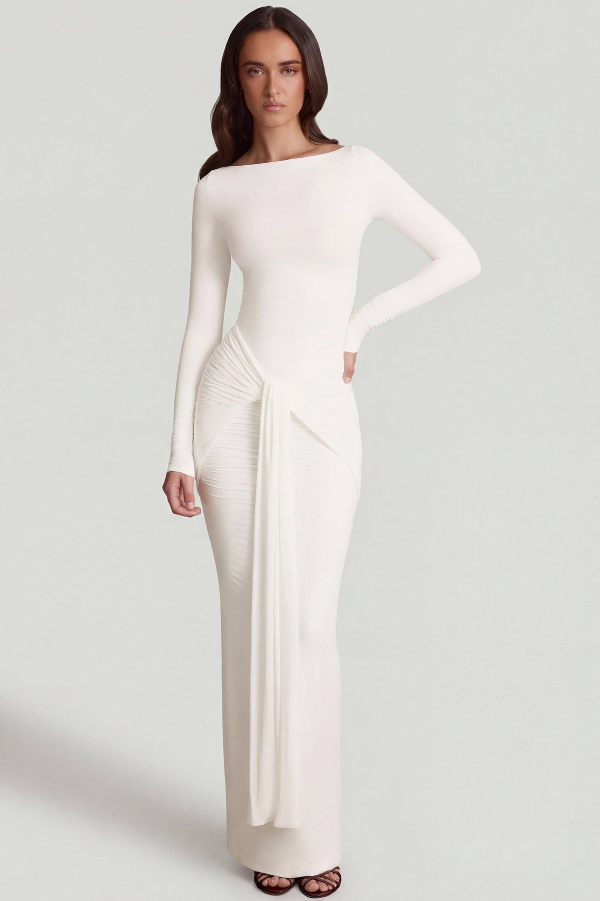Chic Soft Jersey Boat-Neck Tie-Gather Maxi Dress in White