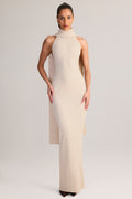 Chic Rib-Knit Scarf-Detail Halterneck Maxi Dress in Cream