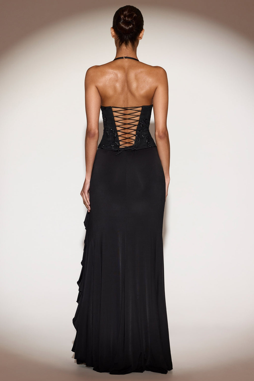 Chic Embellished Cowl-Neck Ruffled Gown Dress in Black