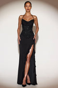 Chic Embellished Cowl-Neck Ruffled Gown Dress in Black