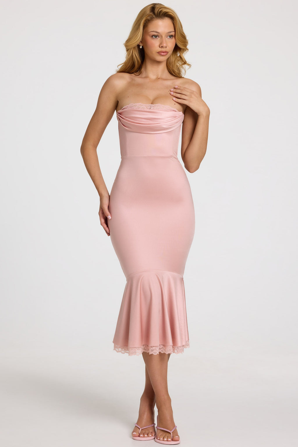 Chic Satin Lace-Trim Bandeau Fluted Midaxi Dress in Blush Pink
