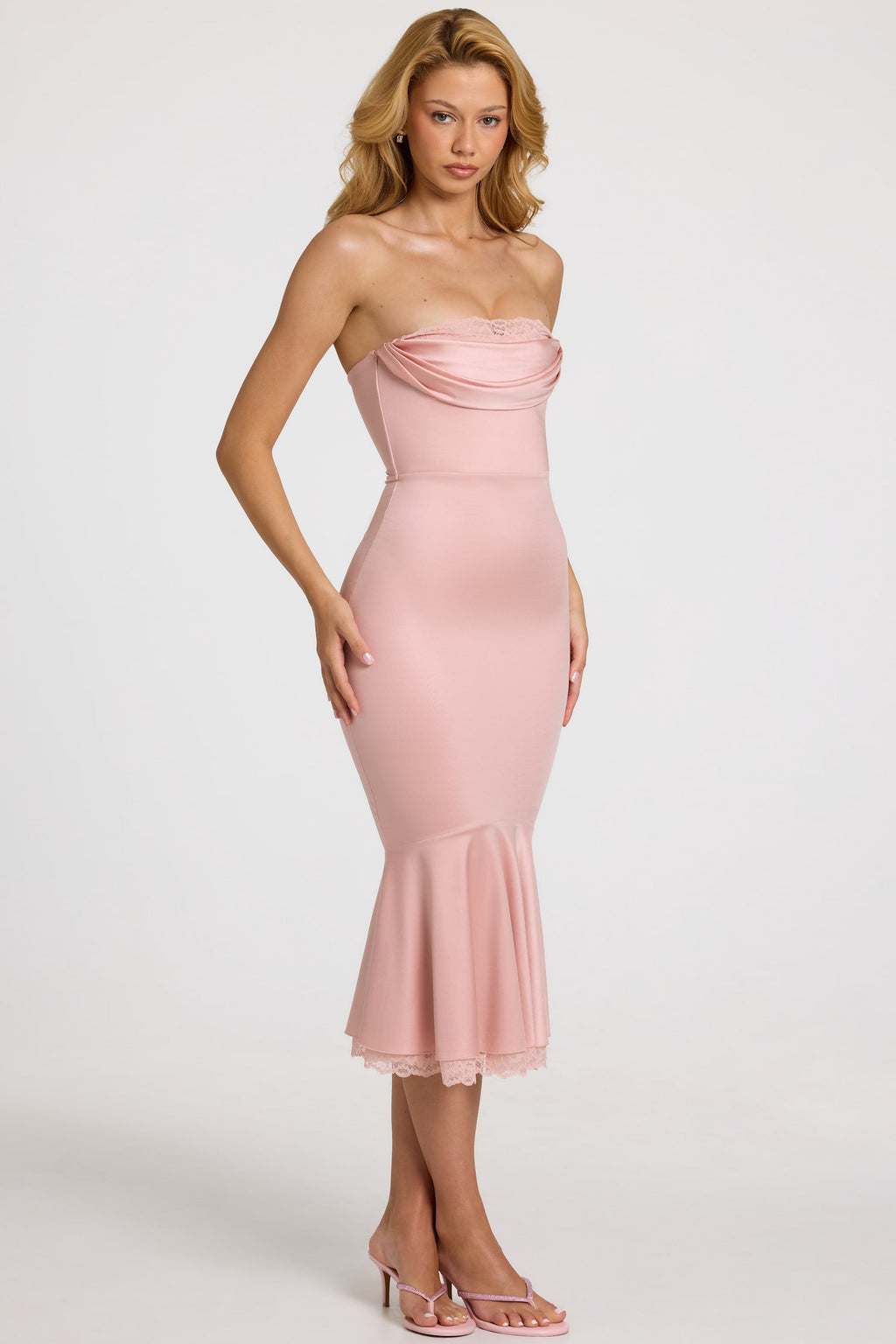 Chic Satin Lace-Trim Bandeau Fluted Midaxi Dress in Blush Pink