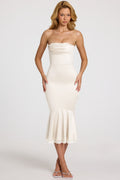 Chic Satin Lace-Trim Bandeau Fluted Midaxi Dress in White