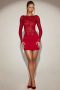 Chic Sheer Lace Boat-Neck Mini Dress in True Red