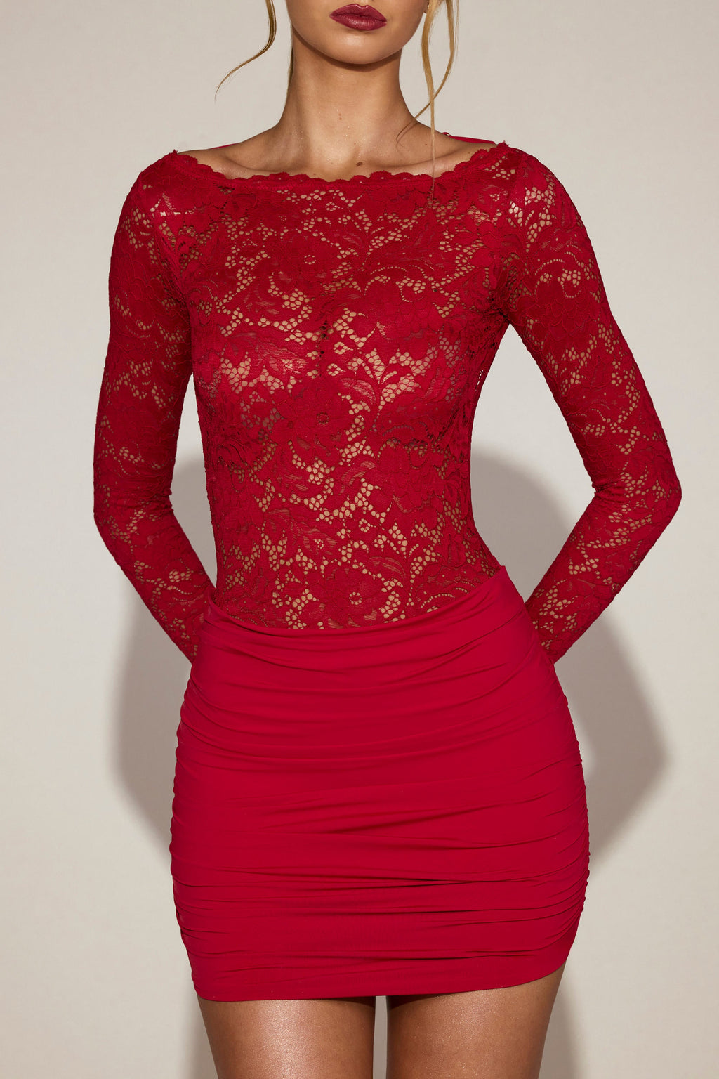 Chic Sheer Lace Boat-Neck Mini Dress in True Red