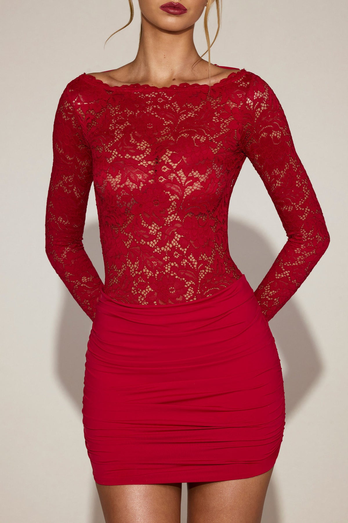 Chic Sheer Lace Boat-Neck Mini Dress in True Red