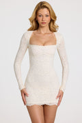 Chic Scalloped-Lace Long-Sleeve Mini Dress in White
