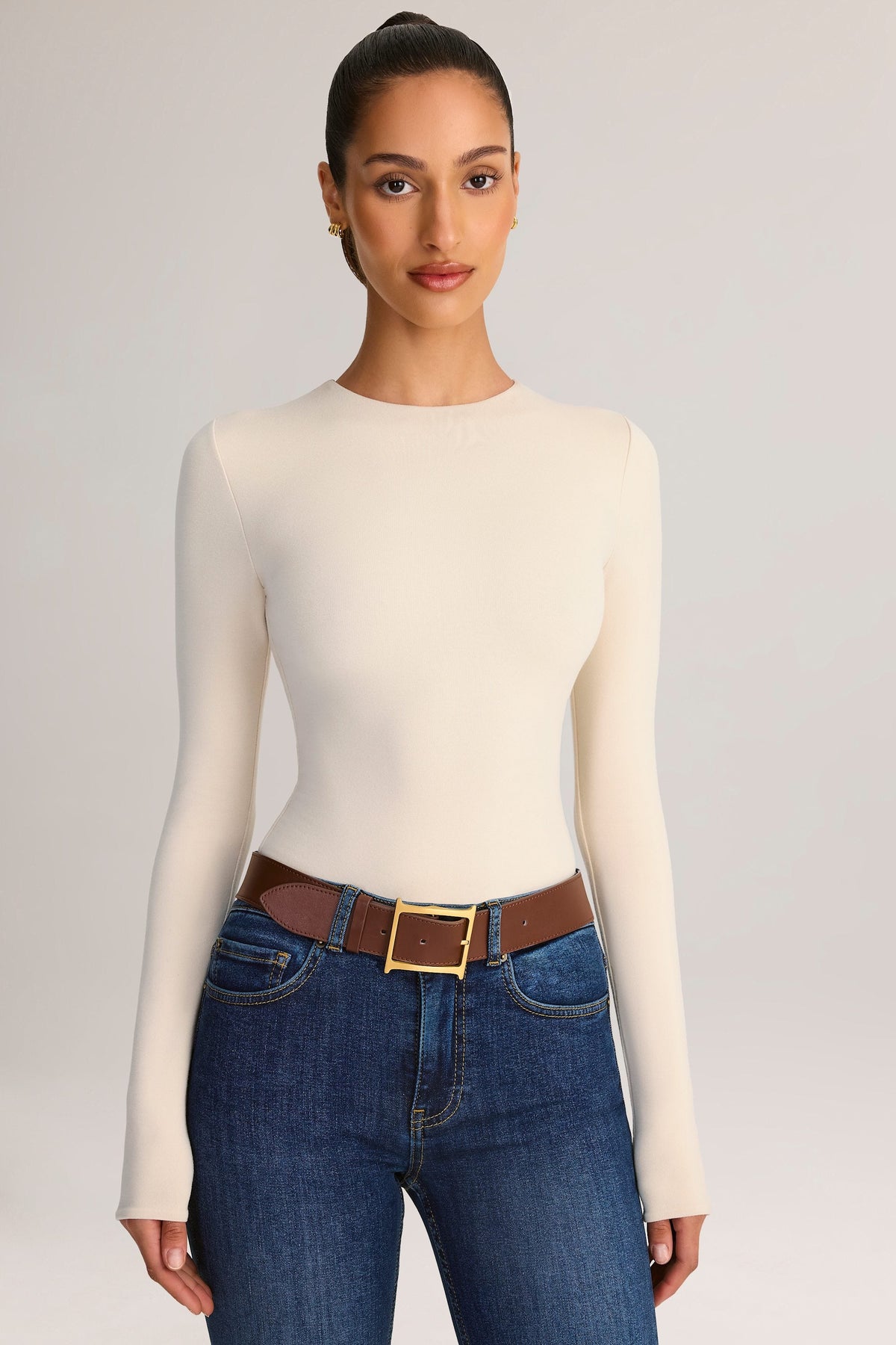 Chic Modal Round-Neck Long-Sleeve Bodysuit in Cream