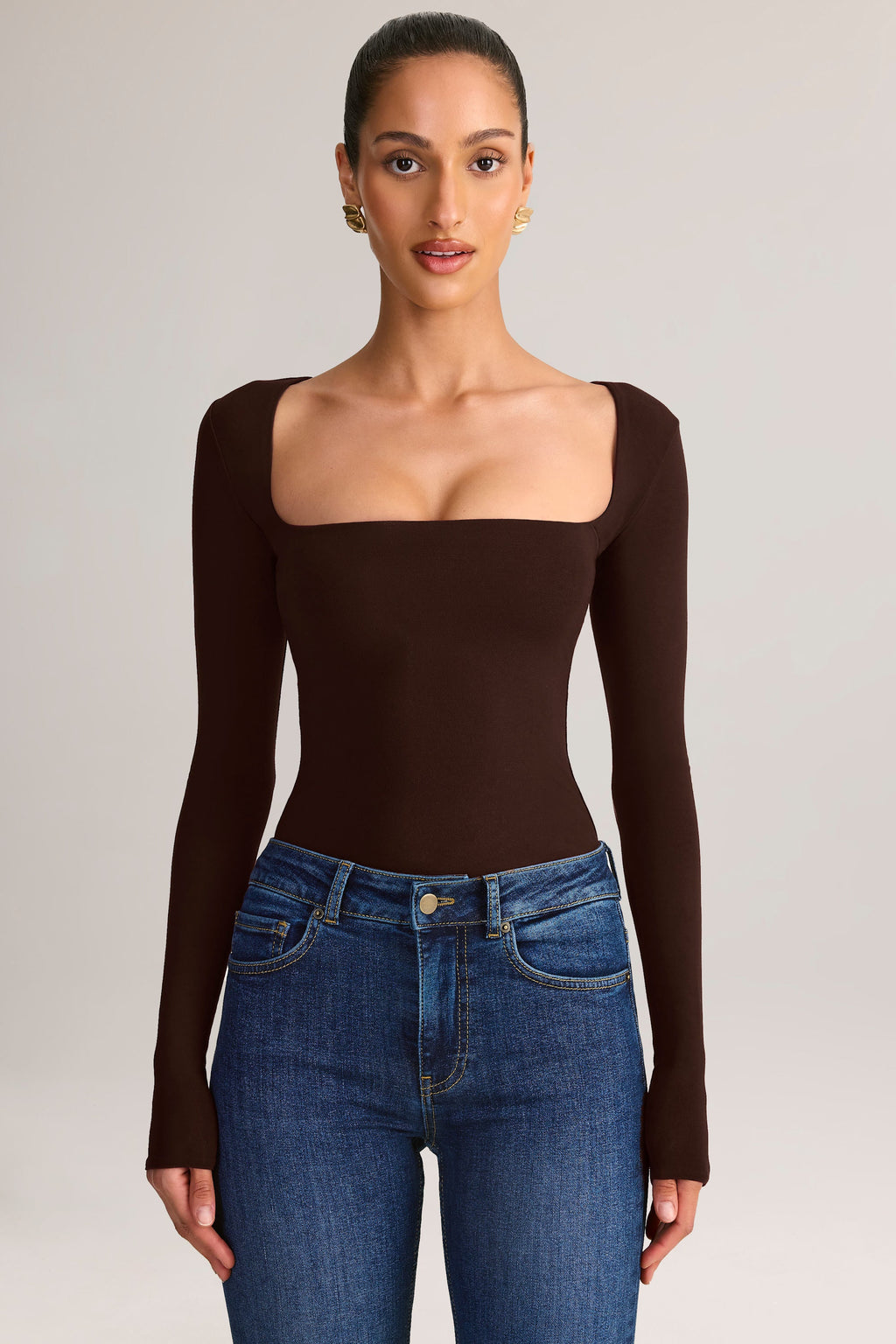 Chic Modal Square-Neck Long-Sleeve Top in Chocolate Brown