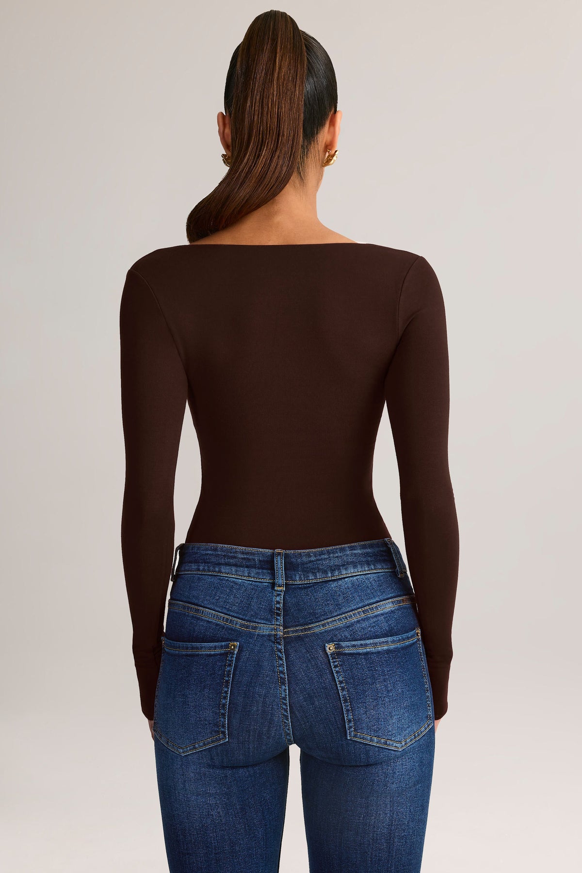 Chic Modal Square-Neck Long-Sleeve Top in Chocolate Brown