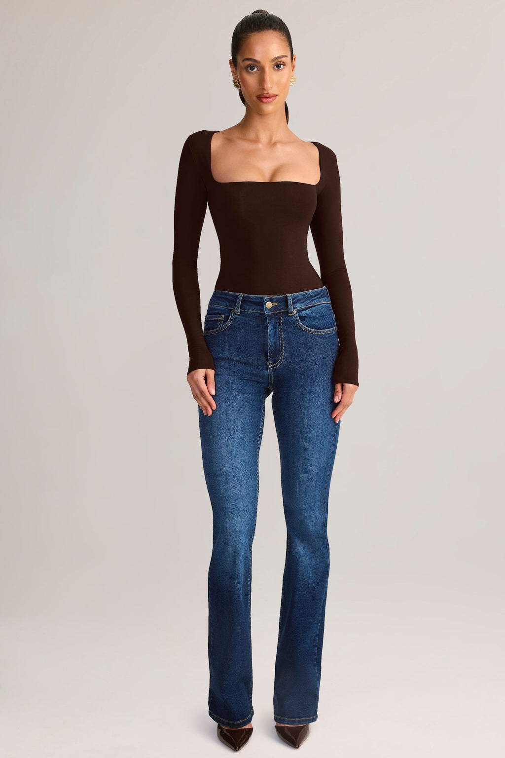Chic Modal Square-Neck Long-Sleeve Top in Chocolate Brown