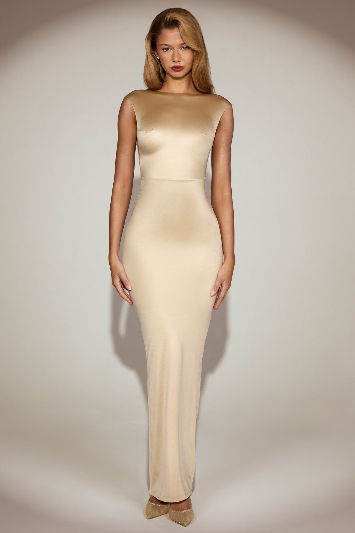 Chic Satin Boat-Neck Twist-Back Maxi Dress in Champagne