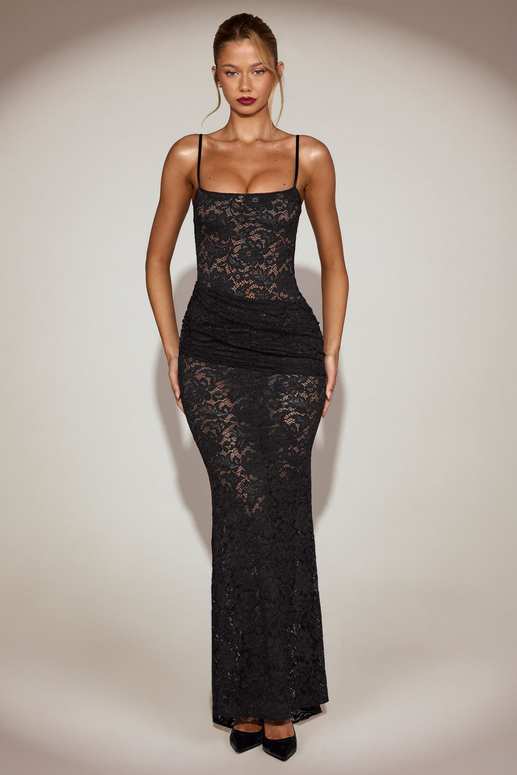 Chic Sheer Lace Square-Neck Ruched Gown in Black