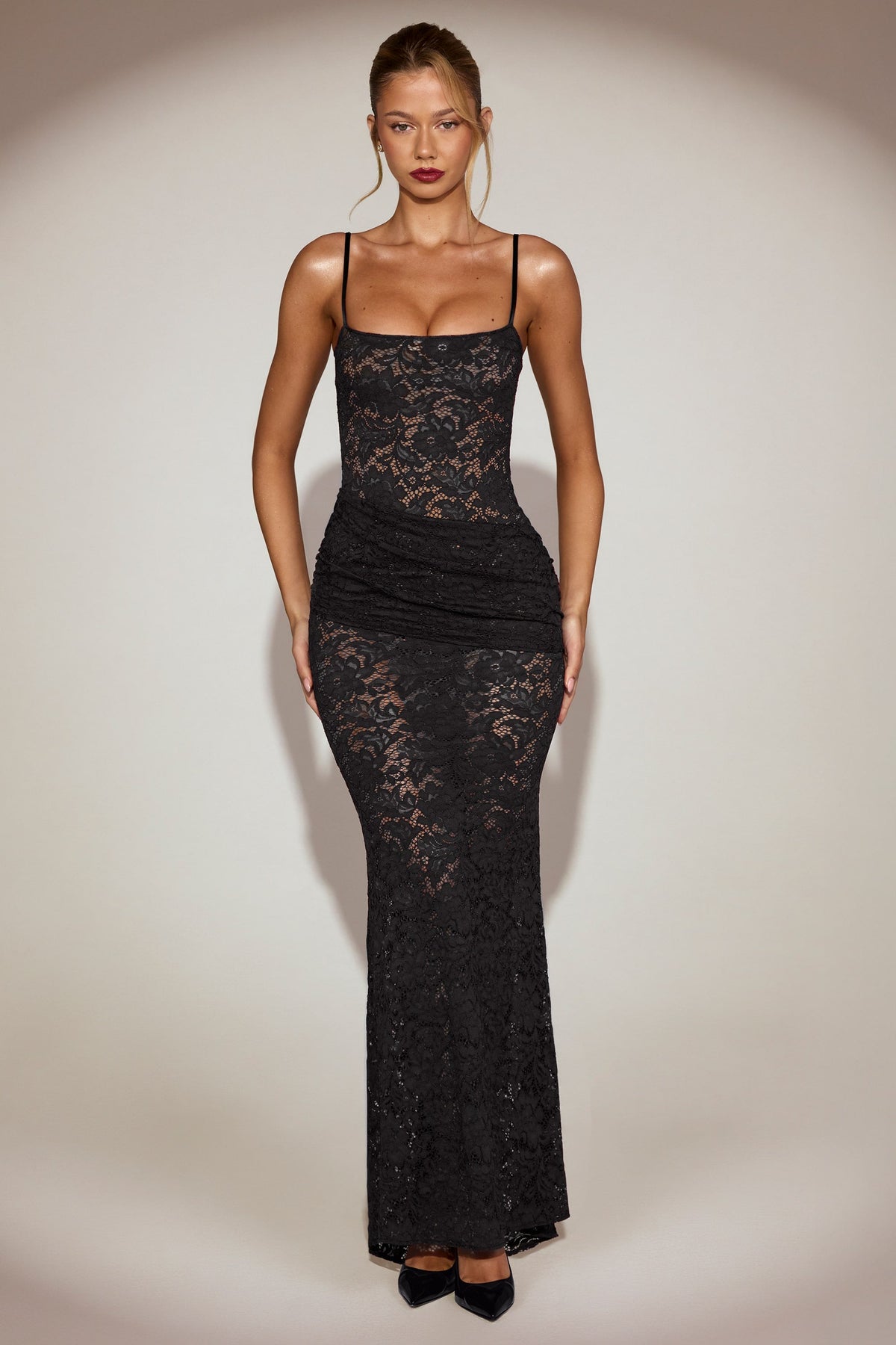 Chic Sheer Lace Square-Neck Ruched Gown in Black