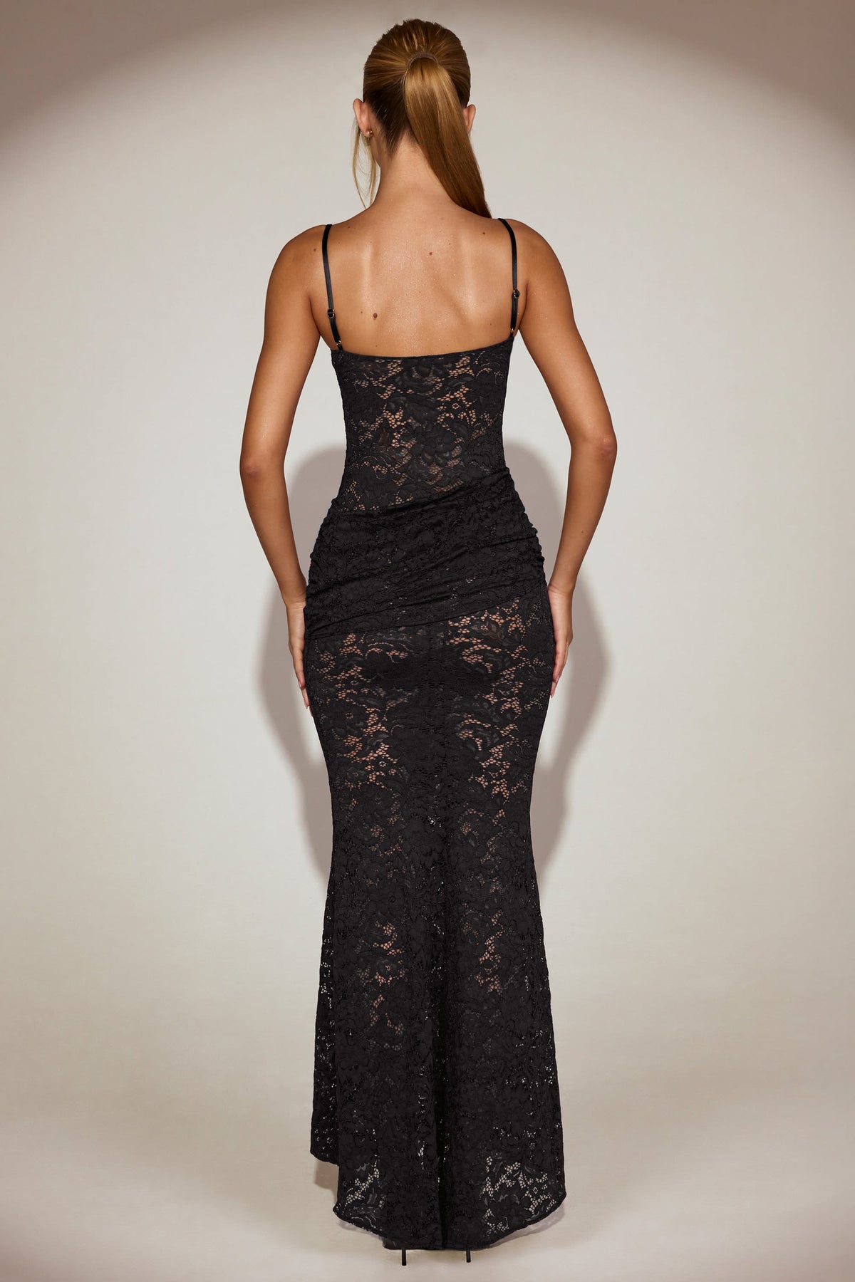 Chic Sheer Lace Square-Neck Ruched Gown in Black