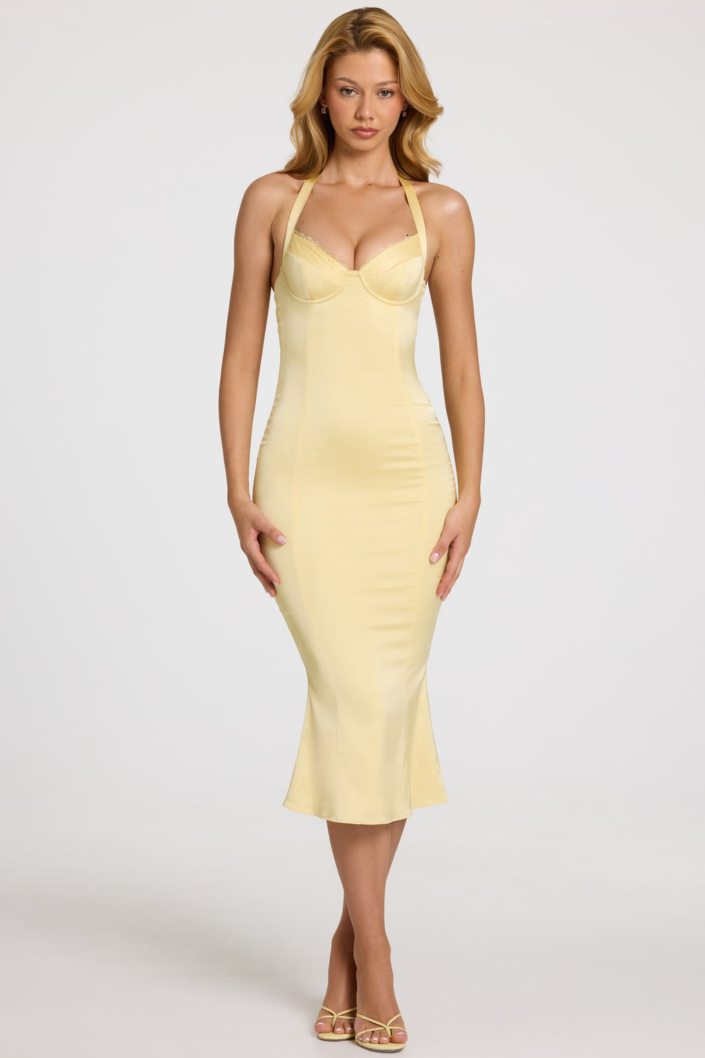 Chic Satin Sweetheart Bustier Fishtail Midaxi Dress in Butter Yellow