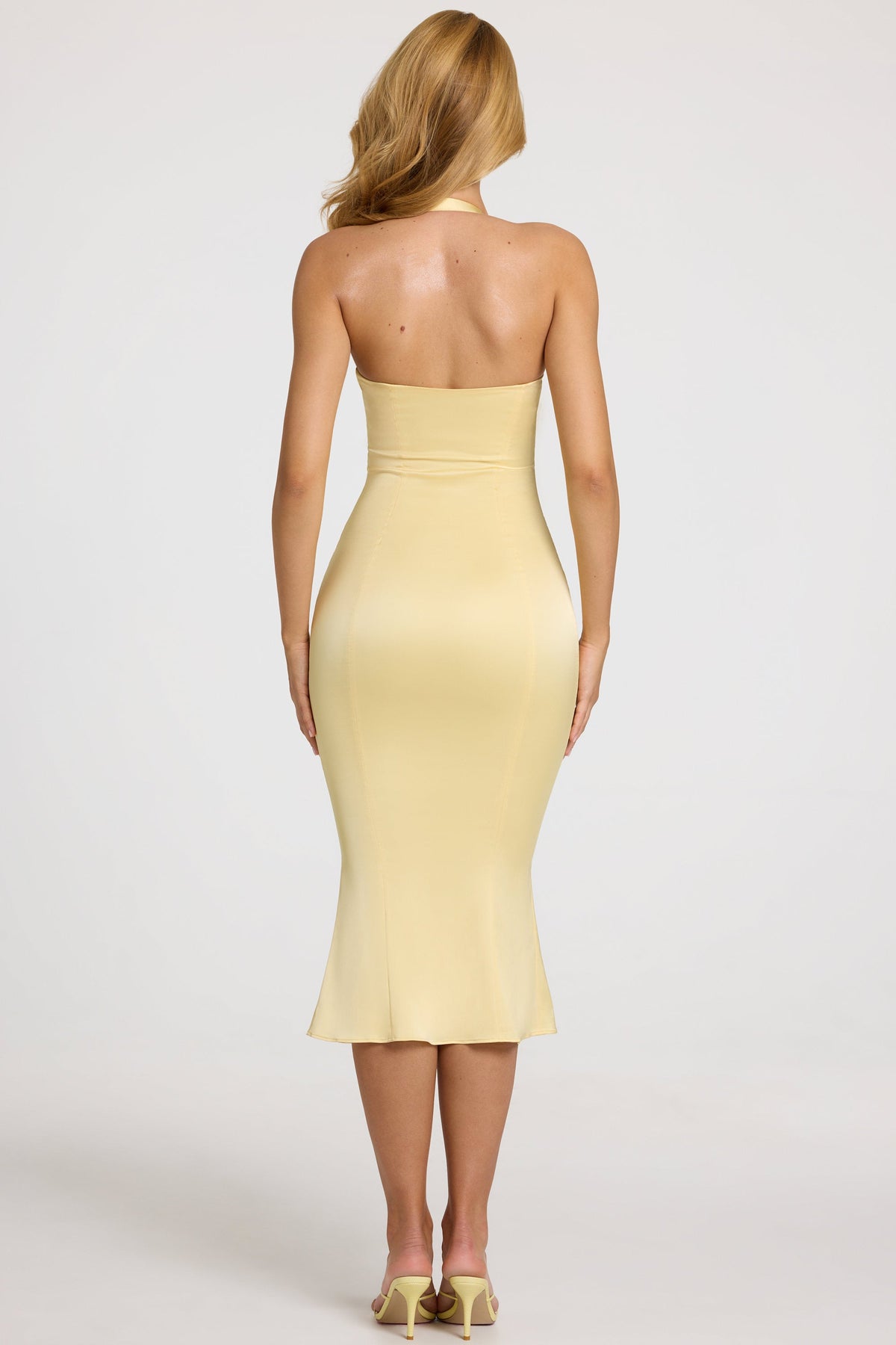 Chic Satin Sweetheart Bustier Fishtail Midaxi Dress in Butter Yellow